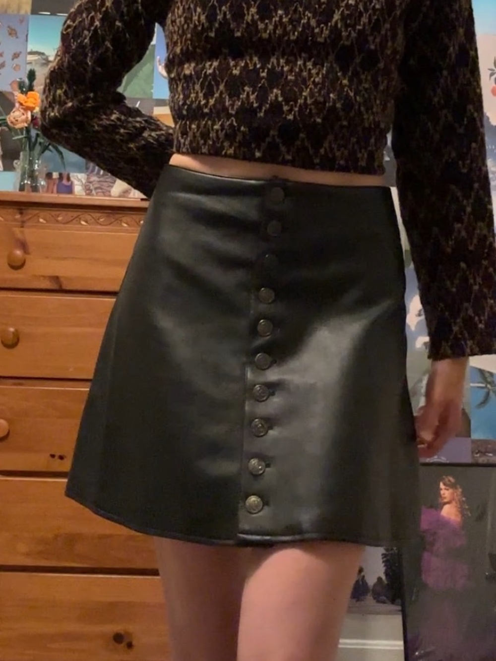 Black Faux Leather Button-Front Mini Skirt